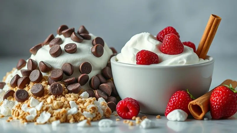 Photorealistic, professional photography, 8K, cinematic lighting, sharp focus, depth of field, shot on a high-end DSLR. A visually clear distinction between high-calorie and low-calorie dessert ingredients. On one side, a pile of refined sugar, full-fat cream, chocolate chips, and sugary granola. On the other side, fresh berries, stevia packets, plain Greek yogurt, and cinnamon sticks. The lighting highlights the contrast, emphasizing healthy choices.