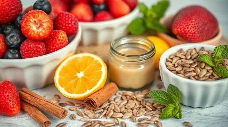Photorealistic, professional photography, 8K, cinematic lighting, sharp focus, depth of field, shot on a high-end DSLR. A vibrant and artfully arranged collection of low-calorie dessert enhancers: a bowl of fresh, colorful berries, a small jar of vanilla extract, cinnamon sticks, a lemon zest, a bowl of lightly toasted pumpkin seeds, and a few sprigs of fresh mint. The composition is bright and inviting, emphasizing freshness and natural flavors, with soft, diffused lighting.