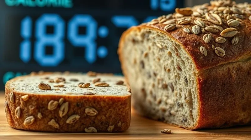 photorealistic, professional photography, 8K, cinematic lighting, sharp focus, depth of field, shot on a high-end DSLR, a close-up of a dense slice of wholemeal bread with visible seeds and nuts, next to a smaller, lighter slice of bread with fewer seeds, with a calorie counter display in the background, subtly indicating the difference in energy content, symbolizing 'calorie traps' in bread.