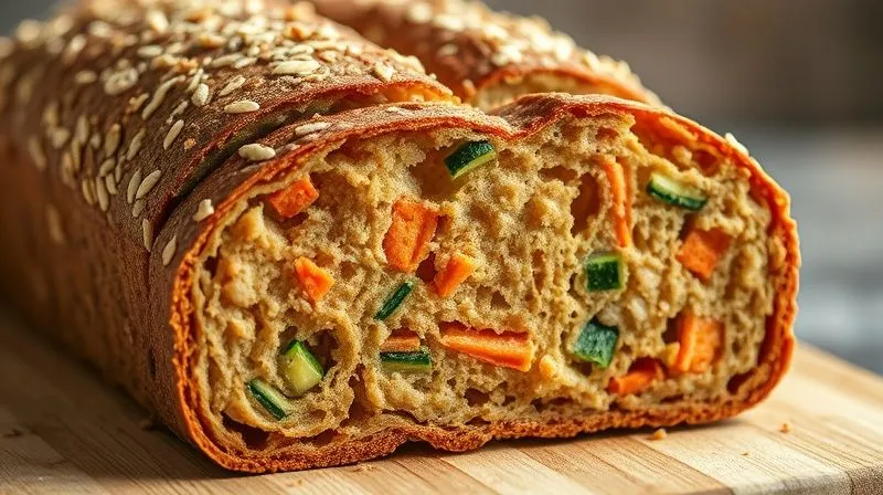 photorealistic, professional photography, 8K, cinematic lighting, sharp focus, depth of field, shot on a high-end DSLR, a close-up of a vibrant, healthy wholemeal bread loaf sliced open, revealing colorful specks of grated carrots and zucchini within the crumb, emphasizing freshness and natural ingredients, with a subtle steam rising.