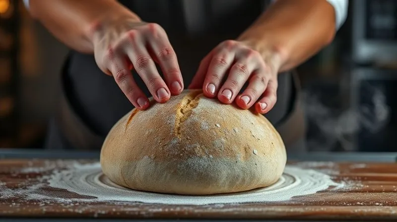 photorealistic, professional photography, 8K, cinematic lighting, sharp focus, depth of field, shot on a high-end DSLR, a baker carefully scoring a round, airy loaf of wholemeal bread before baking, with steam subtly rising from a preheated oven in the background, emphasizing precision and the art of baking for a lighter texture.