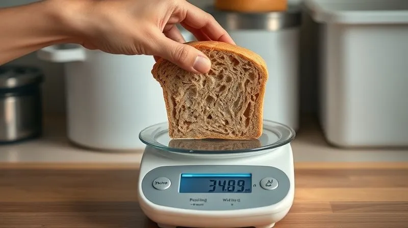 photorealistic, professional photography, 8K, cinematic lighting, sharp focus, depth of field, shot on a high-end DSLR, a hand carefully placing a single, perfectly sliced piece of wholemeal bread onto a kitchen scale, with a digital display showing its weight, a neatly organized bread storage container in the background, symbolizing portion control and mindful eating.