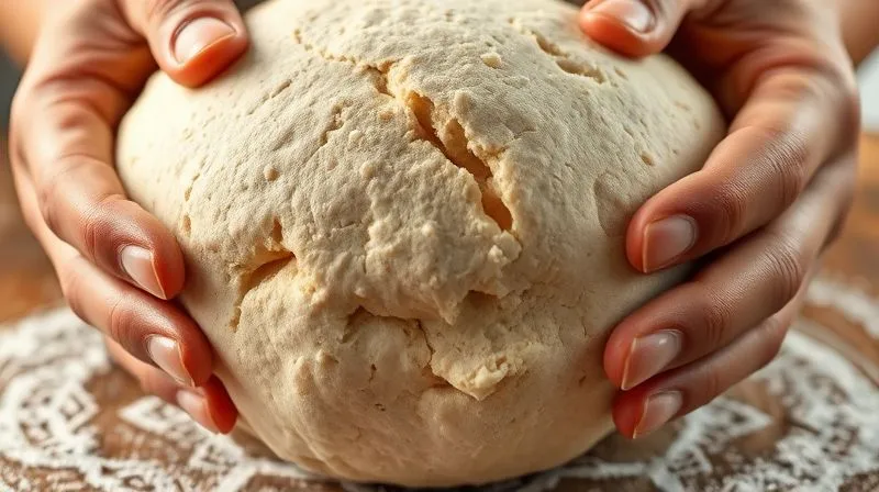 A close-up, photorealistic image of rye sourdough dough being gently stretched by hands, showing its elasticity and high hydration, with visible air bubbles. Cinematic lighting, sharp focus on the dough texture, depth of field blurring the background. 8K, professional photography, shot on a high-end DSLR.