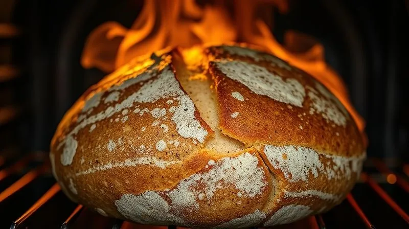 A photorealistic close-up of a freshly baked, crusty rye bread loaf being removed from a hot oven, with steam gently escaping. The lighting is warm and cinematic, highlighting the golden-brown, textured crust. Sharp focus on the bread, depth of field blurring the oven interior. 8K, professional photography, shot on a high-end DSLR.