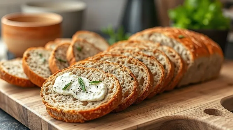 A photorealistic, professional photography shot of various healthy rye bread slices arranged artfully on a wooden board, garnished with fresh herbs and a light, healthy spread. The focus is sharp on the intricate textures of the bread, showcasing its wholesome ingredients. Soft, natural light, depth of field blurring a rustic kitchen background. 8K, shot on a high-end DSLR.
