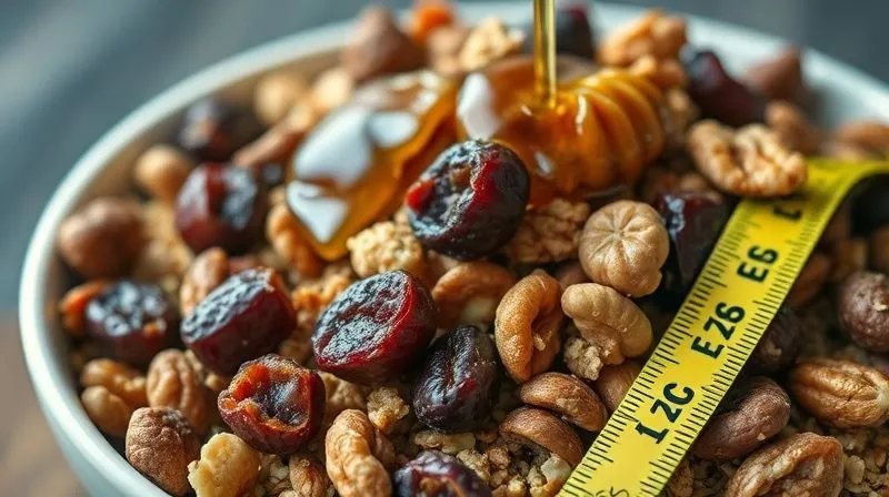 A close-up, photorealistic image of a seemingly healthy but high-calorie breakfast bowl of muesli, overflowing with a large amount of dried fruits (dates, raisins), candied nuts, and a generous drizzle of honey, contrasted with a small measuring tape partially visible, highlighting the hidden calorie density. Cinematic lighting, sharp focus on the overflowing bowl, 8K, shot on a high-end DSLR.