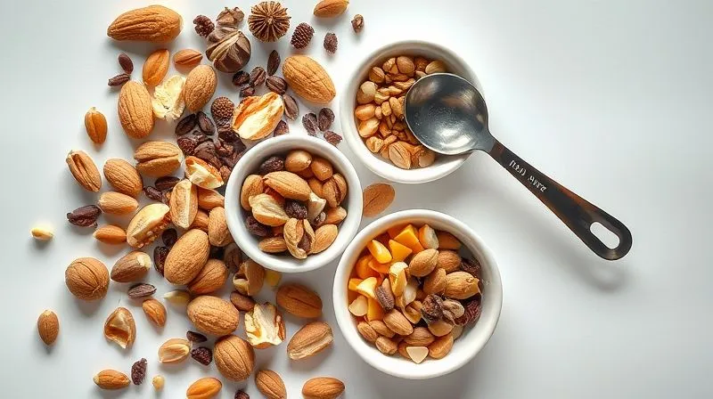 A professional, photorealistic flat lay image of various nuts, seeds, and dried fruits meticulously portioned into small, individual ceramic bowls, next to a precise measuring spoon. The lighting is bright and natural, emphasizing the texture and color of each ingredient. Sharp focus on the individual portions, with a shallow depth of field. 8K, shot on a high-end DSLR.