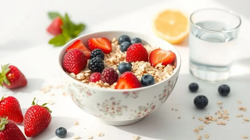 A beautifully styled, photorealistic image of a vibrant, low-calorie muesli bowl, rich in fresh berries, a sprinkle of chia seeds, and light, fluffy oats. The bowl is placed on a clean, minimalist white surface with soft, diffused natural light, emphasizing freshness and health. A small glass of water with lemon is beside it. Sharp focus on the muesli, with a clean, blurred background. 8K, shot on a high-end DSLR.
