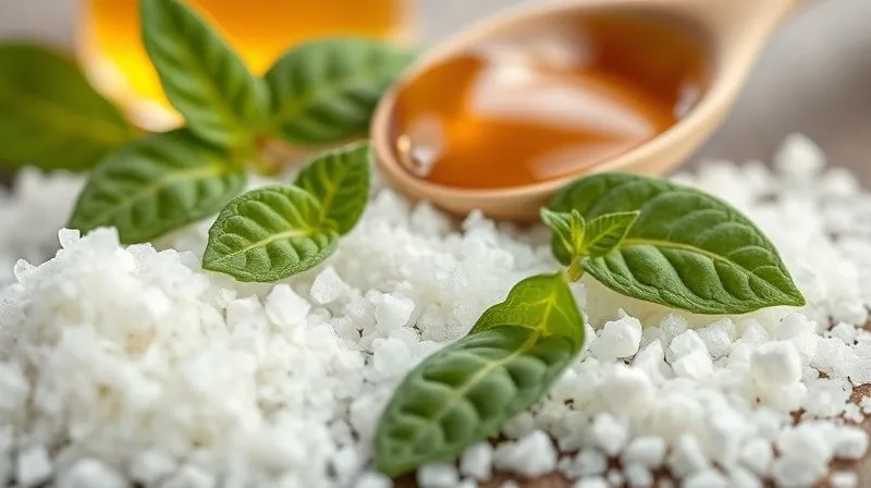 A macro shot of different types of natural sweeteners like erythritol, stevia leaves, and xylitol granules, artfully arranged with a spoonful of honey in the background, all in soft, professional lighting. photorealistic, professional photography, 8K, cinematic lighting, sharp focus, depth of field, shot on a high-end DSLR.