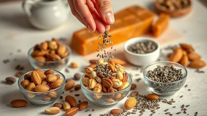 A vibrant mix of various nuts and seeds (almonds, pistachios, cashews, chia seeds, flax seeds) artfully arranged in small, elegant bowls on a light wooden table, with a hand gently sprinkling a few seeds onto a nougat bar in the background. photorealistic, professional photography, 8K, cinematic lighting, sharp focus, depth of field, shot on a high-end DSLR.