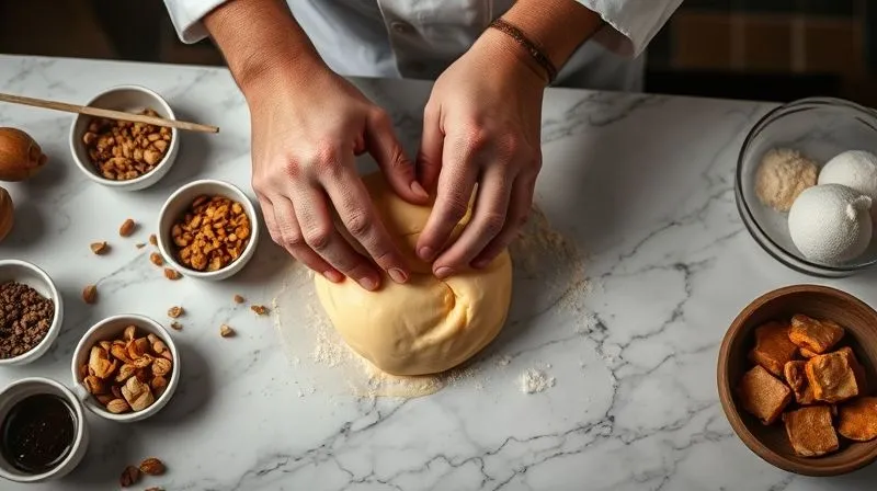 A high-angle shot of a chef's hands meticulously working with nougat dough on a marble surface, surrounded by small bowls of ingredients like nuts, sweeteners, and extracts, emphasizing precision and care. photorealistic, professional photography, 8K, cinematic lighting, sharp focus, depth of field, shot on a high-end DSLR.