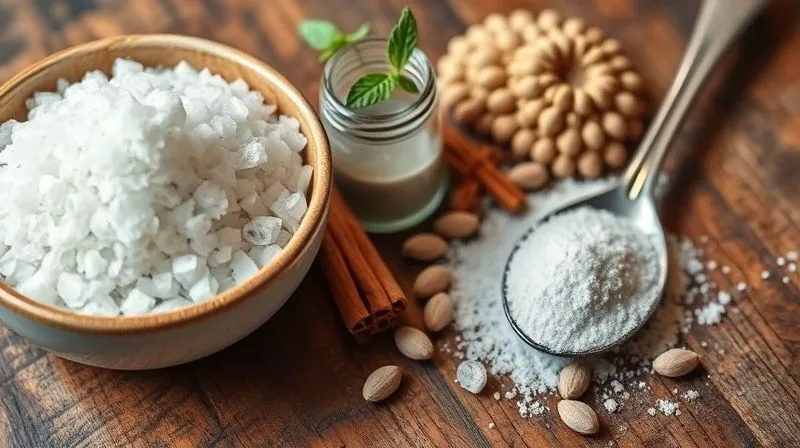A close-up, photorealistic image of various natural sweeteners and spices on a rustic wooden table: a bowl of white erythritol crystals, a small jar of stevia powder, a cinnamon stick, vanilla pods, and a small spoon. Soft, natural light, sharp focus on the ingredients, depth of field, 8K hyper-detailed, professional photography, shot on a high-end DSLR.