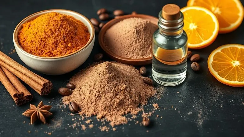 A vibrant, photorealistic image of a collection of aromatic spices and flavor extracts: a bowl of ground cinnamon, whole vanilla beans, unsweetened cocoa powder in a small heap, a bottle of clear vanilla extract, and a bright orange zest. The items are artfully arranged on a dark, textured surface, with soft, directional light, sharp focus on the spices, depth of field, 8K hyper-detailed, professional photography, shot on a high-end DSLR.