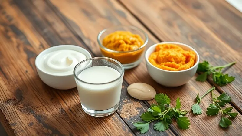 A vibrant, photorealistic image showcasing various healthy tahini alternatives for hummus preparation. On a rustic wooden table, there are small bowls containing creamy Greek yogurt (0% fat), a clear glass of aquafaba, roasted pumpkin puree, and a small amount of reduced tahini. The scene is bright and airy, with fresh herbs scattered around. 8K, cinematic lighting, sharp focus on the ingredients, depth of field blurring the background. Shot on a high-end DSLR.