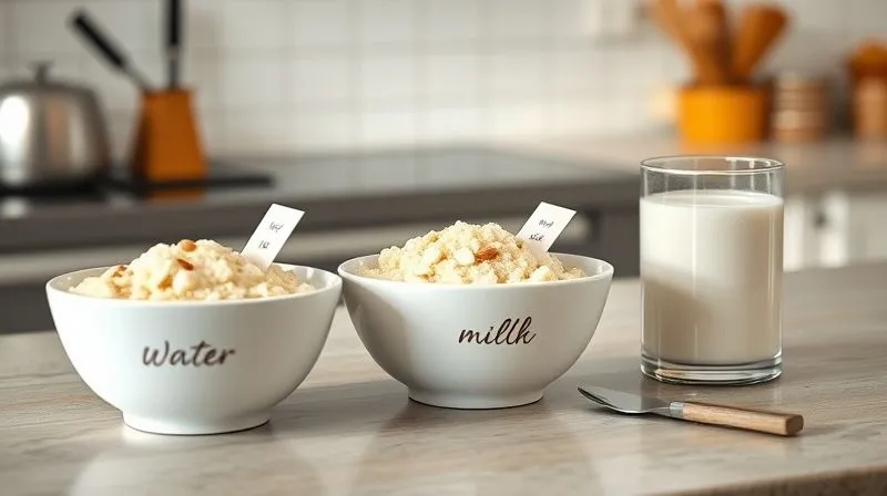 Photorealistic image of a kitchen counter with three bowls of semolina porridge: one prepared with water, one with unsweetened almond milk, and one with skimmed cow's milk. Each bowl is labeled with a small, elegant tag indicating the liquid used. Cinematic lighting, sharp focus on the bowls, depth of field blurring the background. 8K hyper-detailed.