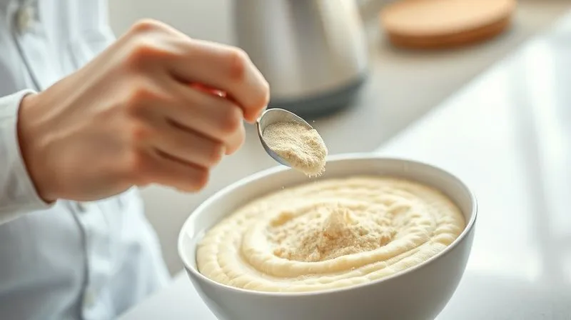 Photorealistic image of a person adding a scoop of protein powder to a bowl of freshly cooked semolina porridge. The person's hand is in motion, creating a slight blur, while the bowl and powder are in sharp focus. The scene is bright and clean, suggesting a healthy kitchen environment. Cinematic lighting, 8K hyper-detailed, depth of field.