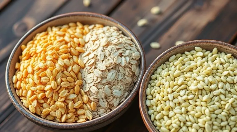 A close-up, photorealistic, professional photography, 8K, cinematic lighting, sharp focus, depth of field, shot on a high-end DSLR. Three distinct bowls of raw, uncooked grains: one with golden millet, one with thick rolled oats, and one with light green unroasted buckwheat. Each grain is clearly distinguishable, emphasizing texture and natural color. The setting is a rustic wooden table with soft, natural morning light.