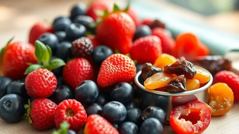 A vibrant, photorealistic, professional photography, 8K, cinematic lighting, sharp focus, depth of field, shot on a high-end DSLR. A colorful assortment of fresh, ripe berries (strawberries, blueberries, raspberries) artfully arranged next to a small bowl of dried fruits (dates, raisins, apricots). The fresh berries are plump and glistening, while the dried fruits appear shriveled and concentrated, visually emphasizing the difference in water content and density. Natural light illuminates the scene.