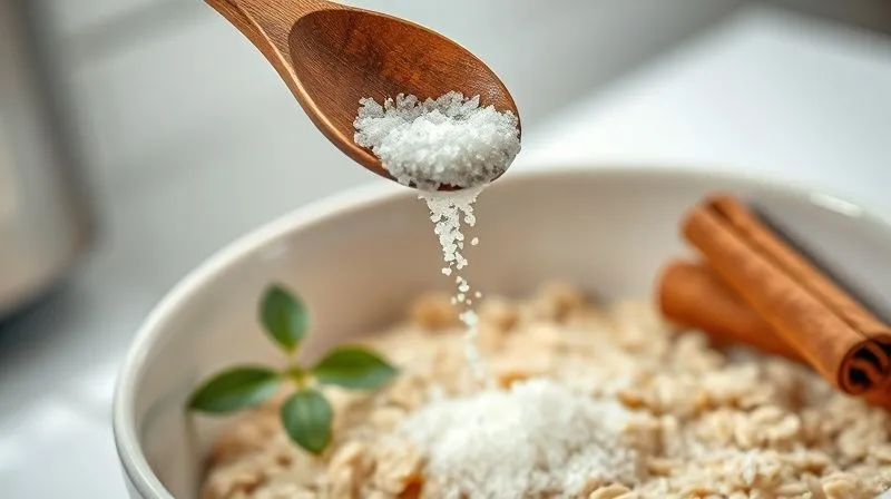 A photorealistic, professional photography, 8K, cinematic lighting, sharp focus, depth of field, shot on a high-end DSLR. A small wooden spoon gently pouring a fine stream of white erythritol crystals into a bowl of plain, cooked oatmeal. Next to it, a small sprig of fresh stevia leaves and a cinnamon stick are visible. The focus is on the falling erythritol, suggesting a controlled and healthy sweetening process. The background is a clean, bright kitchen.