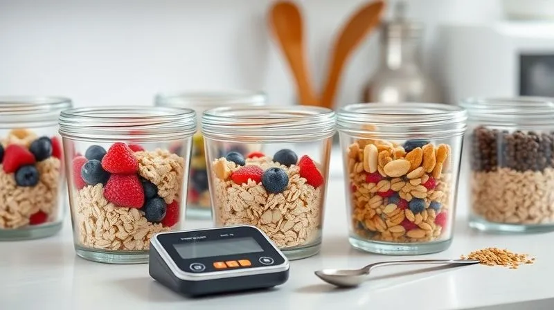 A professional, photorealistic photography, 8K, cinematic lighting, sharp focus, depth of field, shot on a high-end DSLR. A clean, organized kitchen counter with several glass meal prep containers. Each container holds a portion of cooked oatmeal, some with fresh berries, some with chopped nuts, and others with a sprinkle of seeds. A small digital scale and a measuring spoon are visible in the foreground, emphasizing precision and planning. The scene suggests efficiency and healthy eating habits.