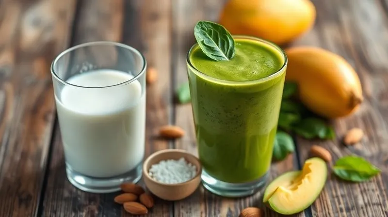 Photorealistic, professional photography, 8K, cinematic lighting, sharp focus, depth of field, shot on a high-end DSLR. A vibrant green smoothie with a hint of mango color, garnished with a spinach leaf, next to a glass of unsweetened almond milk and a small bowl of stevia granules on a rustic wooden table. The scene should evoke healthy choices and natural ingredients.