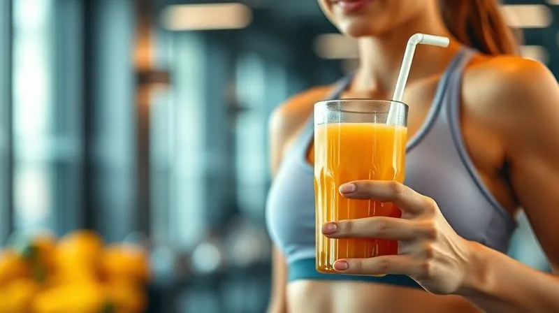 Photorealistic, professional photography, 8K, cinematic lighting, sharp focus, depth of field, shot on a high-end DSLR. A person in fitness attire, visibly energized and healthy, holding a vibrant mango smoothie after a workout in a modern gym setting. Soft, motivational lighting highlights the healthy glow of the person and the refreshing drink. The background is slightly blurred, suggesting activity and wellness.