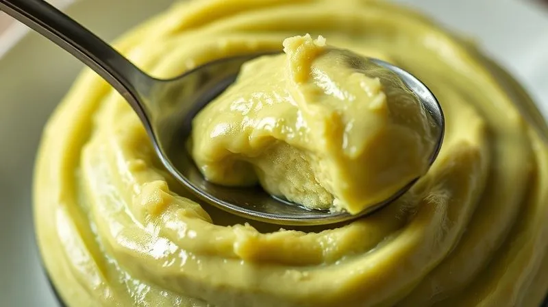 A close-up, photorealistic shot of a creamy avocado dessert, with one spoon scooping a portion, revealing a hidden layer of pureed zucchini or cauliflower, demonstrating the volume-enhancing technique. Cinematic lighting, sharp focus, 8K, professional photography.