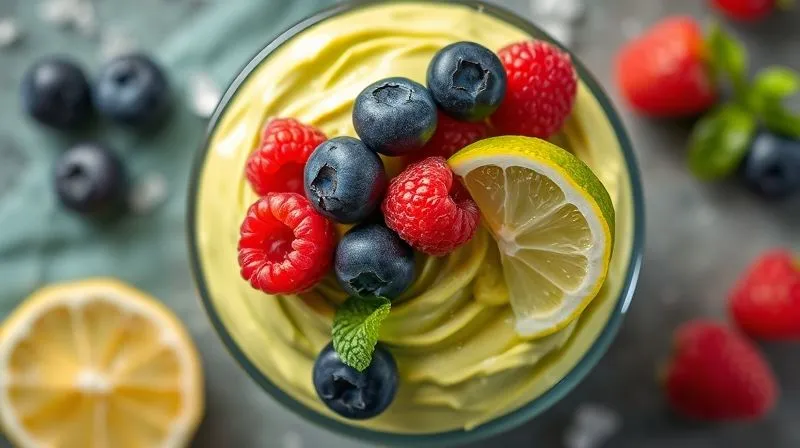 A vibrant, photorealistic overhead shot of a creamy avocado dessert, artfully garnished with a generous amount of fresh blueberries, raspberries, and a sprinkle of lime zest, emphasizing freshness and natural sweetness. Professional photography, sharp focus, 8K.