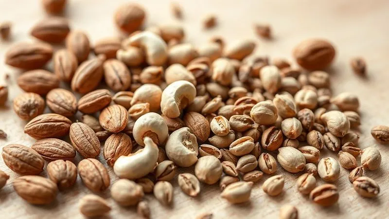 A close-up, photorealistic shot of various nuts and seeds (almonds, cashews, sunflower seeds) artfully arranged on a light wooden surface, with soft, natural light emphasizing their textures. Professional photography, 8K, cinematic lighting, sharp focus, depth of field.