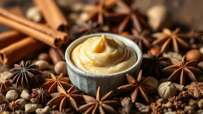 A professional, close-up shot of various spices – cinnamon sticks, vanilla pods, star anise – artfully arranged around a small bowl of nut butter, with warm, inviting lighting, sharp focus on the spices, depth of field blurring the background. Professional photography, 8K, cinematic lighting.