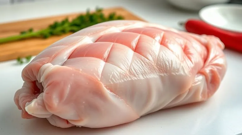 A close-up, photorealistic, professional photography, 8K, cinematic lighting, sharp focus, depth of field, shot on a high-end DSLR, of a raw duck breast with its skin expertly scored in a diamond pattern, ready for cooking. The knife marks are precise, showing the fat layer beneath. The background is a clean, minimalist kitchen counter.