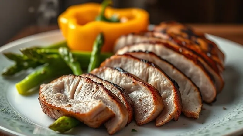 A photorealistic, professional photography, 8K, cinematic lighting, sharp focus, depth of field, shot on a high-end DSLR, of a perfectly grilled, lean duck breast (skin removed) sliced and arranged artfully on a plate with vibrant, steamed green asparagus and roasted bell peppers. The steam gently rises from the vegetables, emphasizing freshness and health.