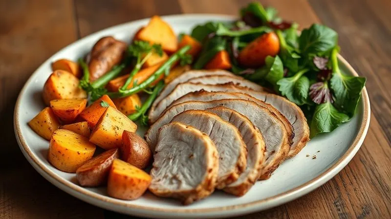 A photorealistic, professional photography, 8K, cinematic lighting, sharp focus, depth of field, shot on a high-end DSLR, of a beautifully plated, healthy duck breast meal. The duck breast is lean, sliced, and perfectly cooked, accompanied by a colorful medley of roasted root vegetables (like sweet potatoes and carrots) and a vibrant green salad with a light vinaigrette. The overall impression is one of nourishing, gourmet fitness food.