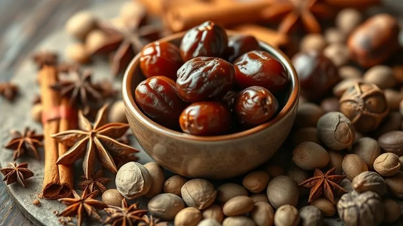 A close-up, photorealistic image of various spices (cinnamon sticks, star anise, cardamom pods, vanilla beans) artfully arranged around a small bowl of dates, with soft, warm cinematic lighting. Sharp focus on the spices, depth of field blurring the background, 8K hyper-detailed, professional photography.