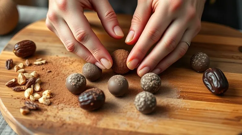 A professional, photorealistic close-up of hands gently rolling a date mixture into small, perfectly round truffles on a wooden cutting board, surrounded by finely chopped nuts and cocoa powder. Soft, natural lighting, sharp focus on the hands and truffles, depth of field blurring the background, 8K hyper-detailed, inviting and artisanal feel.