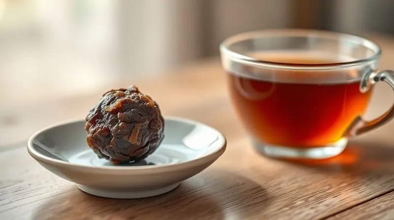A serene, photorealistic image of a single, small date truffle placed on a delicate ceramic saucer, next to a cup of herbal tea. Soft, natural light illuminates the scene, emphasizing tranquility and mindful consumption. Sharp focus on the truffle, depth of field blurring a cozy background, 8K hyper-detailed, inviting and calming.