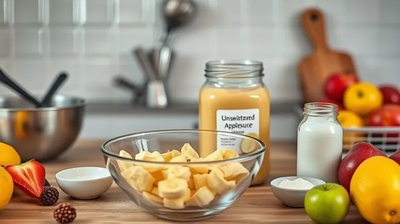photorealistic, professional photography, 8K, cinematic lighting, sharp focus, depth of field, shot on a high-end DSLR image of a kitchen counter with a bowl of mashed ripe bananas, a jar of unsweetened applesauce, and a small container of erythritol, surrounded by fresh fruits and baking utensils, conveying a sense of healthy and mindful baking substitutions