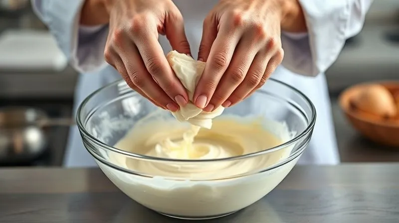 photorealistic, professional photography, 8K, cinematic lighting, sharp focus, depth of field, shot on a high-end DSLR image of a chef's hands gently folding whipped egg whites into a gluten-free almond flour batter in a glass bowl, with a light and airy texture visible, in a clean, modern kitchen setting, emphasizing delicate and precise culinary technique