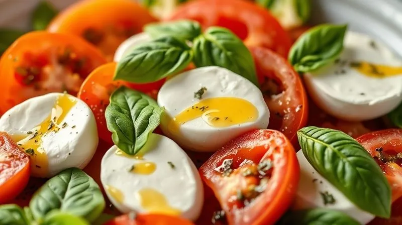 Photorealistic, professional photography, 8K, cinematic lighting, sharp focus, depth of field, shot on a high-end DSLR, a close-up of a traditional Caprese salad with a generous amount of full-fat mozzarella, thick slices of ripe tomatoes, lush basil leaves, and a heavy drizzle of olive oil, emphasizing the rich, dense texture and appearance of a high-calorie dish. The lighting creates a slightly indulgent, luxurious feel, contrasting with a 'light' diet concept.
