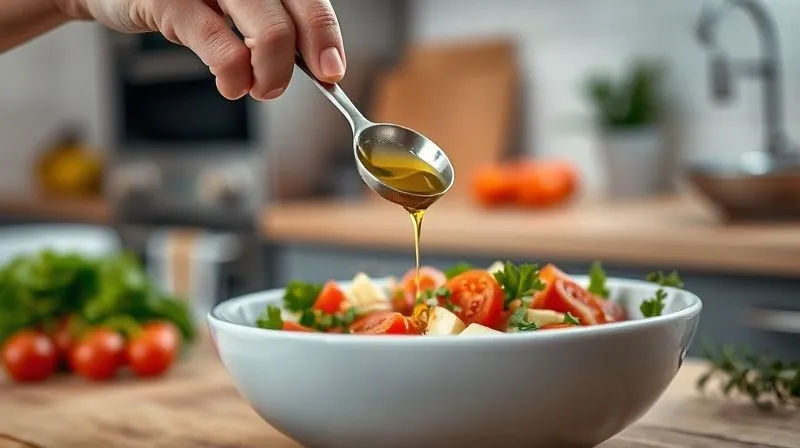 Photorealistic, professional photography, 8K, cinematic lighting, sharp focus, depth of field, shot on a high-end DSLR, a hand carefully drizzling a very small, controlled amount of olive oil from a measuring spoon onto a Caprese salad, with a focus on precise portion control. The background shows a modern, clean kitchen, emphasizing a mindful and deliberate approach to cooking. The scene conveys a sense of healthy eating and attention to detail.