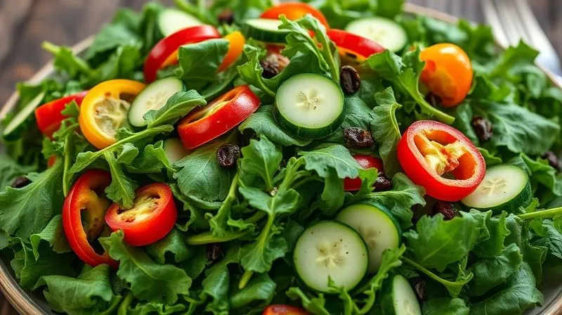 Photorealistic, professional photography, 8K, cinematic lighting, sharp focus, depth of field, shot on a high-end DSLR, a vibrant Caprese salad artfully arranged on a large bed of fresh, dark green arugula and spinach, with additional elements like thin slices of cucumber and colorful bell peppers. The composition emphasizes freshness, volume, and a rich variety of healthy ingredients, suggesting a fulfilling and low-calorie meal.