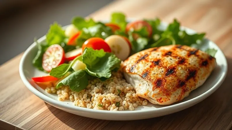 Photorealistic, professional photography, 8K, cinematic lighting, sharp focus, depth of field, shot on a high-end DSLR, a light Caprese salad arranged neatly alongside a perfectly grilled chicken breast and a small portion of quinoa, presented as a balanced and complete healthy meal on a clean, modern plate. The setting is bright and inviting, suggesting a satisfying and diet-friendly dinner or lunch.