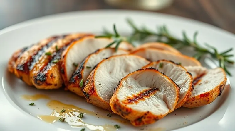 photorealistic, professional photography, 8K, cinematic lighting, sharp focus, depth of field, shot on a high-end DSLR, a perfectly grilled chicken breast, sliced and arranged on a simple white plate, with a scattering of fresh herbs like rosemary and thyme, steam gently rising, emphasizing freshness and lean protein