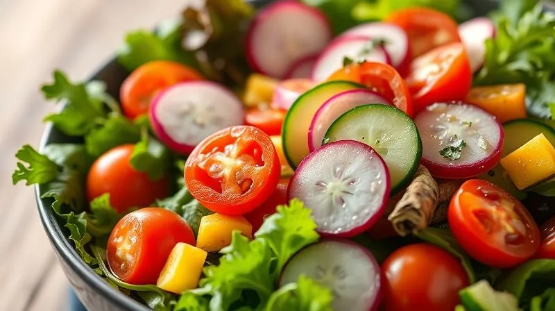 photorealistic, professional photography, 8K, cinematic lighting, sharp focus, depth of field, shot on a high-end DSLR, a vibrant, colorful salad bowl overflowing with fresh, crisp vegetables like mixed greens, cherry tomatoes, cucumber slices, bell peppers, and radish, with a light, glistening dressing, emphasizing freshness and abundance