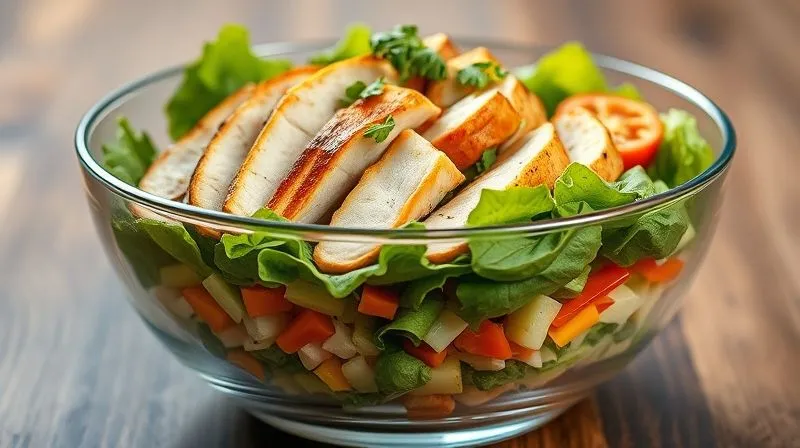 photorealistic, professional photography, 8K, cinematic lighting, sharp focus, depth of field, shot on a high-end DSLR, a perfectly layered chicken salad in a clear glass bowl, showcasing distinct layers of crisp green lettuce, colorful diced vegetables, grilled chicken strips, and a light, herb-infused dressing drizzled on top, emphasizing visual appeal and organized ingredients