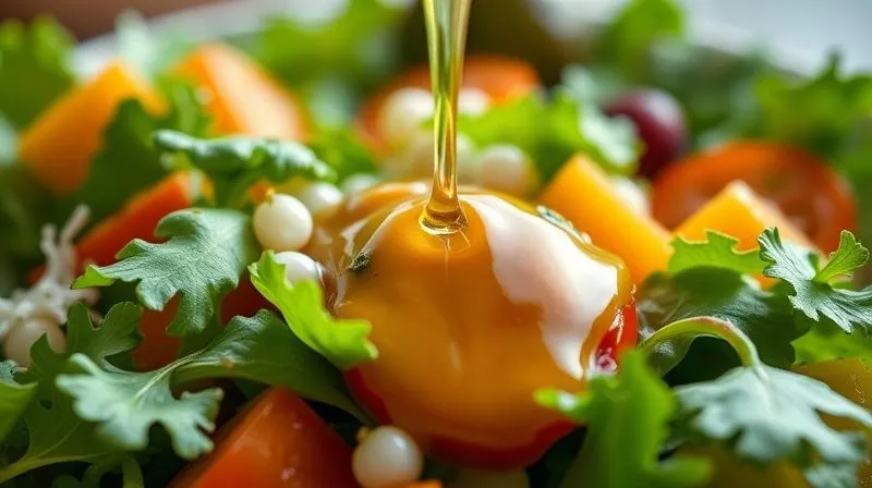 Photorealistic close-up of a light, vibrant vinaigrette dressing being drizzled over a fresh green salad, cinematic lighting, sharp focus on the dressing pearls, 8K, high-end DSLR.