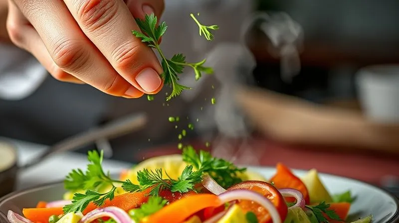Photorealistic image of a chef's hand sprinkling fresh herbs (parsley, dill, chives) over a vibrant salad, steam gently rising, cinematic lighting, sharp focus on the herbs, 8K, high-end DSLR.