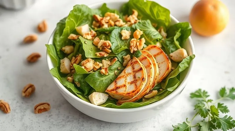 A beautifully styled, photorealistic image of a light and fresh salad bowl, featuring mixed greens, finely chopped walnuts, grilled chicken strips, and a vibrant lemon-herb vinaigrette. The composition is clean and appealing, with soft, natural lighting, sharp focus on the salad, 8K, high-end DSLR.