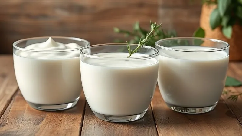 A photorealistic image of three glass bowls, each containing a different liquid: one with full-fat coconut milk, one with light coconut milk, and one with unsweetened almond milk, arranged on a rustic wooden table. The lighting is soft and natural, emphasizing the different consistencies and colors. Sharp focus on the bowls, with a blurred background of kitchen herbs. 8K hyper-detailed, professional photography, shot on a high-end DSLR.