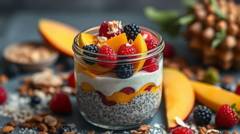 A photorealistic, professional photography shot of a vibrant vegan chia pudding with layers of fresh mango and berries, topped with a sprinkle of toasted coconut flakes. The pudding is served in a clear glass jar, showcasing its texture. Cinematic lighting creates soft shadows and highlights. Sharp focus on the pudding, with a blurred background of healthy ingredients. 8K hyper-detailed, shot on a high-end DSLR.